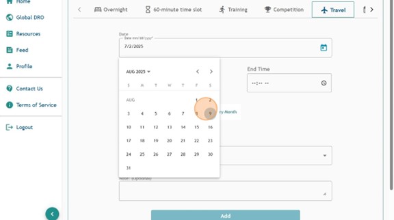 Athlete Connect travel entry page with a highlight on the Date calendar.