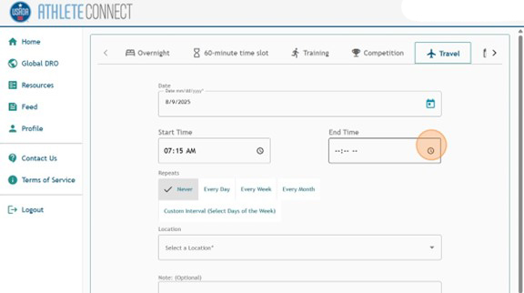 Athlete Connect travel entry page with a highlight on the End Time field.