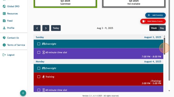 Athlete Connect home page with a variety of entries submitted and a completed quarterly filing.
