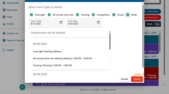 Athlete Connect Bulk Delete Events pop-up with a highlight over the "Delete" button.