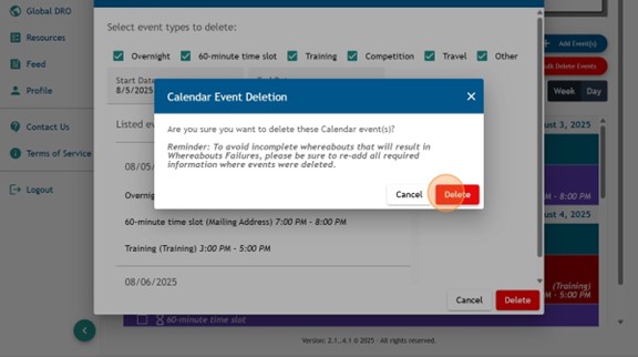 Athlete Connect Calendar Event Deletion pop-up with a highlight over the "Delete" button.