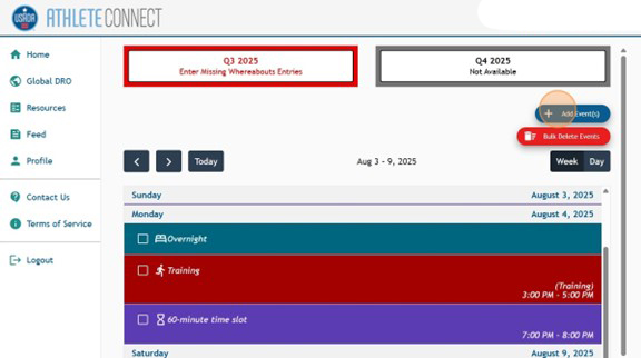Athlete Connect home page with a highlight over the "Add Event(s)" button.