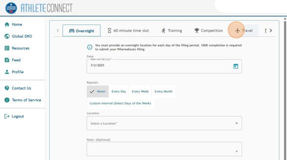 Athlete Connect new entry page with a highlight over the "Travel" tab.