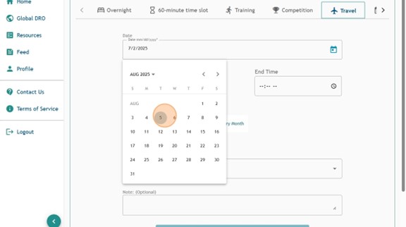 Athlete Connect travel entry page with the start date selected.