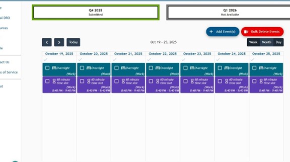 Calendar view of Athlete Connect app with a specific time frame selected.