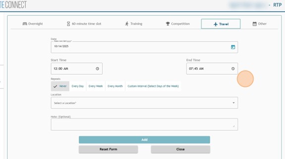 Travel entry in Athlete Connect with start and end time fields entered.
