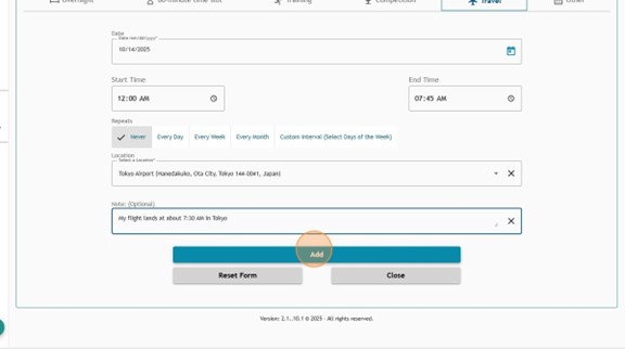 Filled Travel entry on Athlete Connect with highlight over the "Add" button.