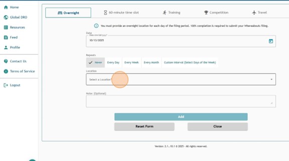 Overnight entry in Athlete Connect with highlight over the Location field.