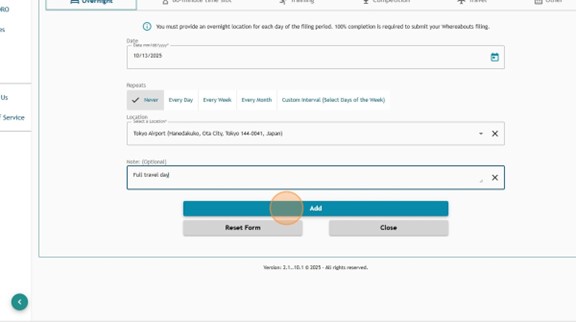 Overnight entry in Athlete Connect filled out with highlight over the "Add" button.