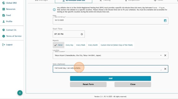 60-minute time slot entry on Athlete Connect filled in with a highlight over the "Note" field.