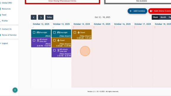 Selected calendar date view within Athlete Connect with dates requiring entries.