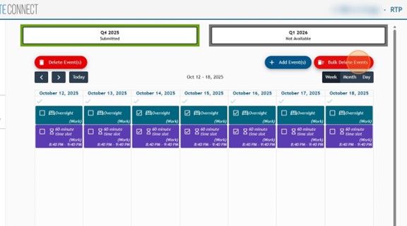 Calendar view of Athlete Connect app with a specific time frame selected and a highlight over the "Bulk Delete Events" button.