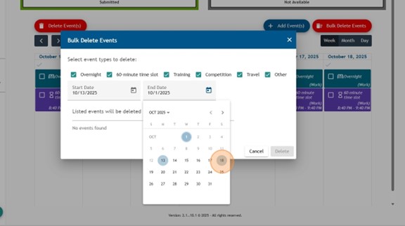 Bulk Delete Events popup in Athlete Connect.