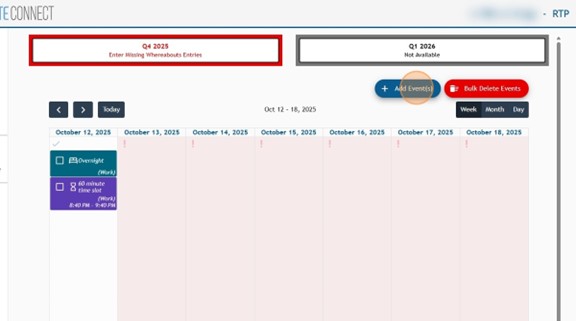 Calendar view on Athlete Connect of selected dates with a highlight over the "Add Events" button.