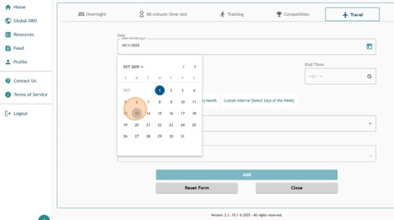 Travel entry on Athlete Connect with highlight on the date field.