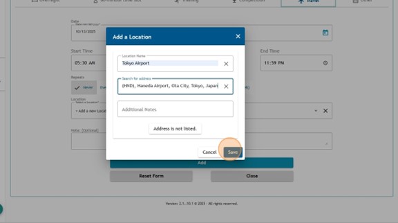 Add a location pop-up within a travel entry on Athlete Connect.