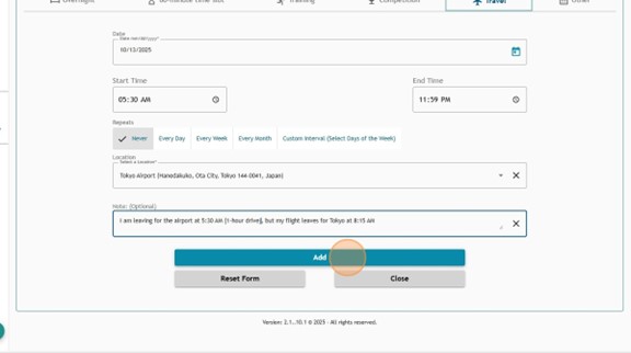 Filled Travel entry on Athlete Connect with highlight over the "Add" button.