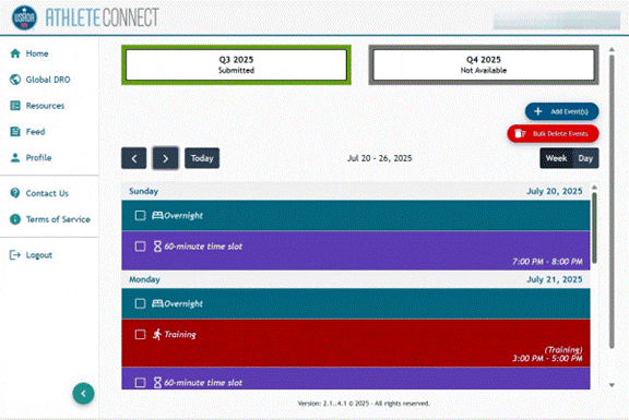 Athlete Connect home page with overnight, training, and 60-minute time slot entries already submitted..