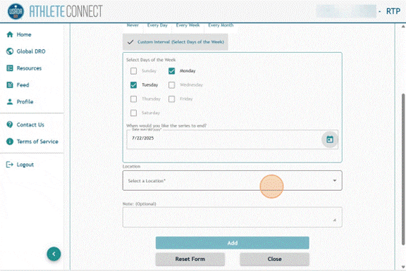 Athlete Connect overnight entry with the Location field selected.