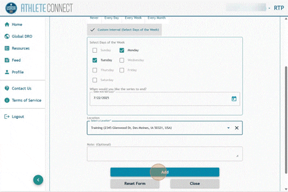 Athlete Connect overnight entry with highlight over the bottom "Add" button.
