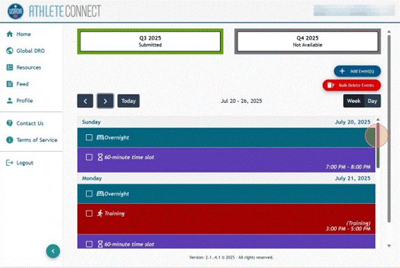 Athlete Connect home page with overnight, training, and 60-minute time slot entries already submitted with a highlight over an Overnight entry.