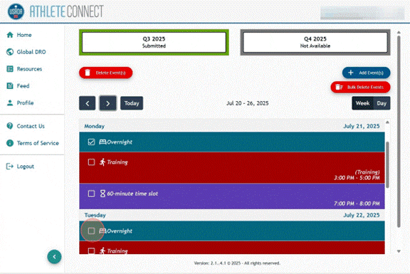 Athlete Connect home page with overnight, training, and 60-minute time slot entries already submitted with a highlight over an Overnight entry checkbox.