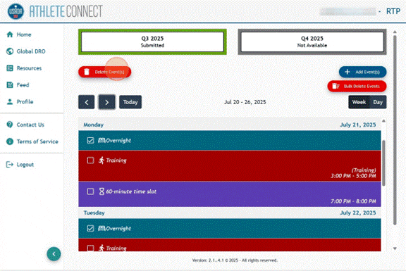 Athlete Connect home page with a highlight over the red "Delete Events" button.