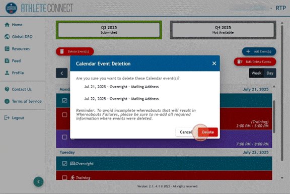 Athlete Connect "Calendar Event Deletion" pop-up.