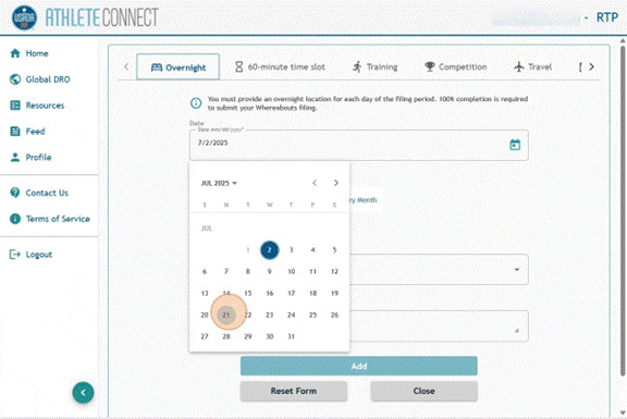 Athlete Connect overnight entry with Date field selected.