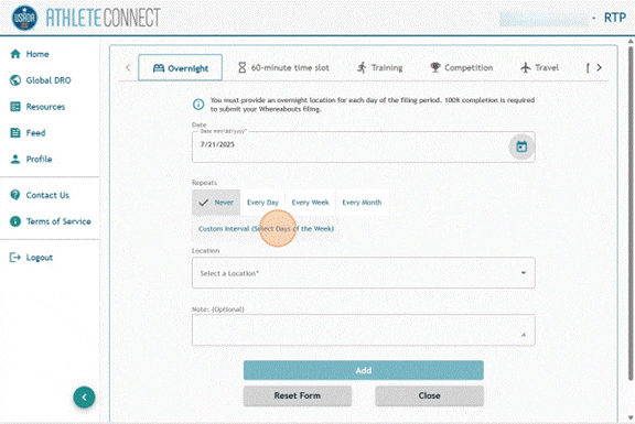 Athlete Connect overnight entry with Repeats custom interval option selected.