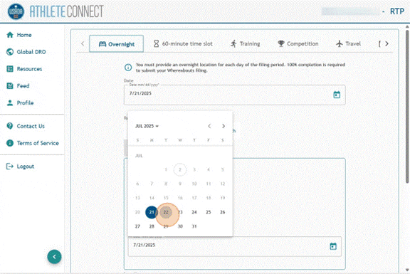 Athlete Connect overnight entry with a highlight over the Date calendar field.