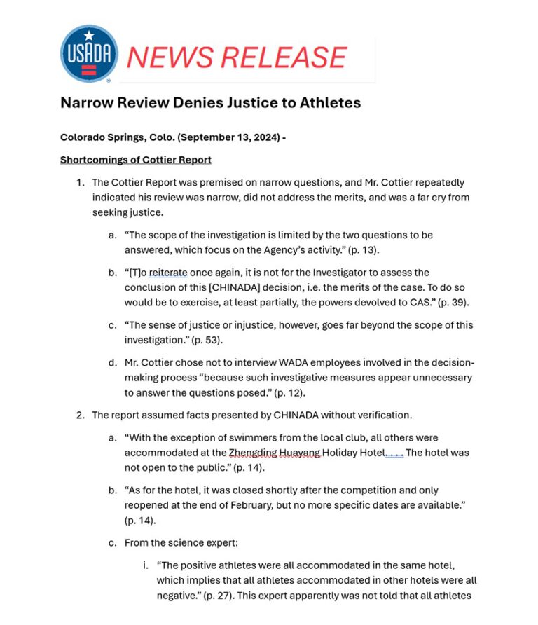 Cover of press release of USADA's response to the Cottier Report.