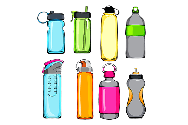 a variety of different styles of reusable water bottles on clear background