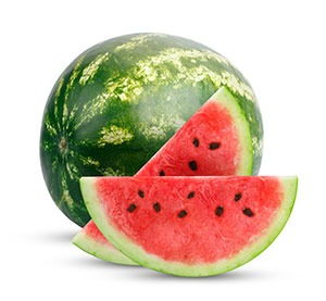 two slices of watermelon next to a whole watermelon